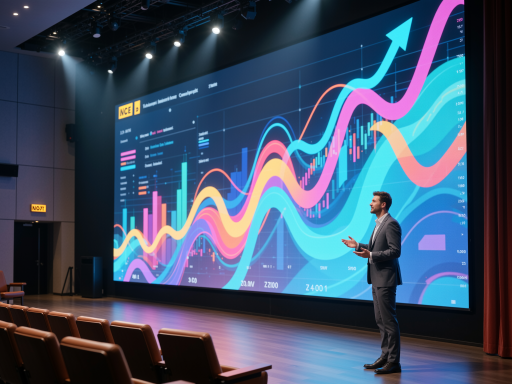 Corporate executive giving presentation to audience in conference hall with large screen displaying company logo
