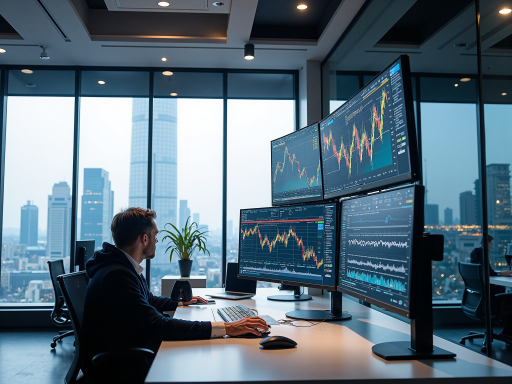 Professional financial analyst reviewing investment portfolios on multiple computer screens in modern office setting