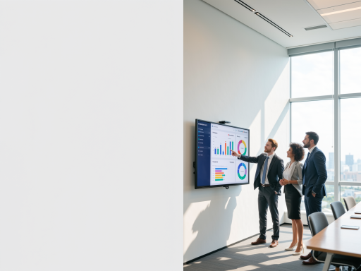 Business executives in formal attire presenting financial proposals in boardroom with large screen and corporate documents