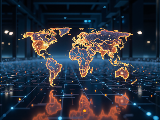 World map with financial data overlay showing global market connections, modern trading floor background